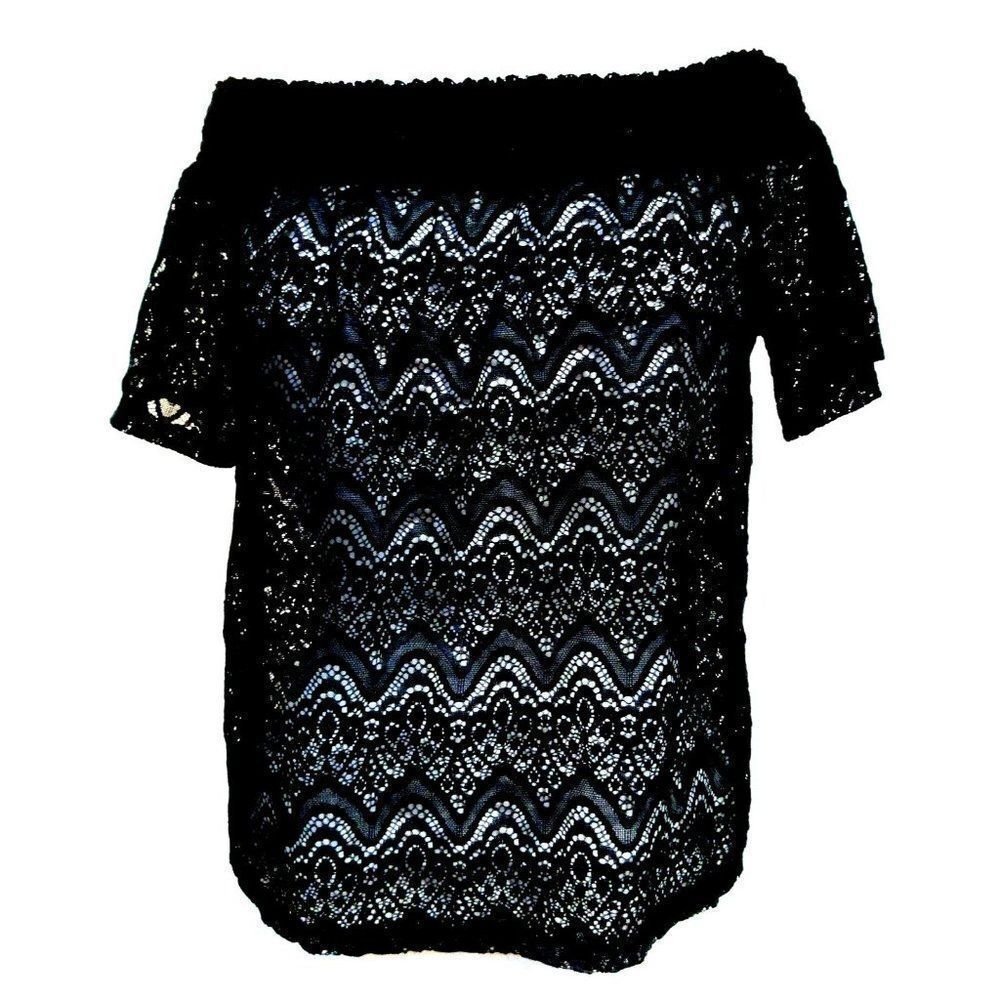Ultra Flirt Black Lace Semi Sheer Peasant Blouse Off Shoulder Short Sleeve M NEW